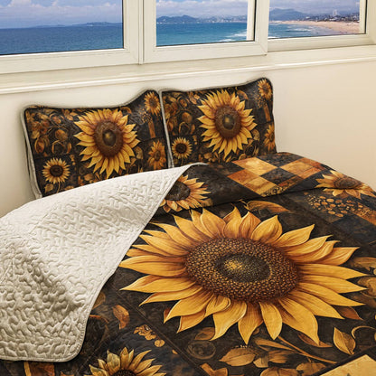 Shineful All Season Quilt 3-Piece Set - Sunflower Golden Sunburst Patchwork