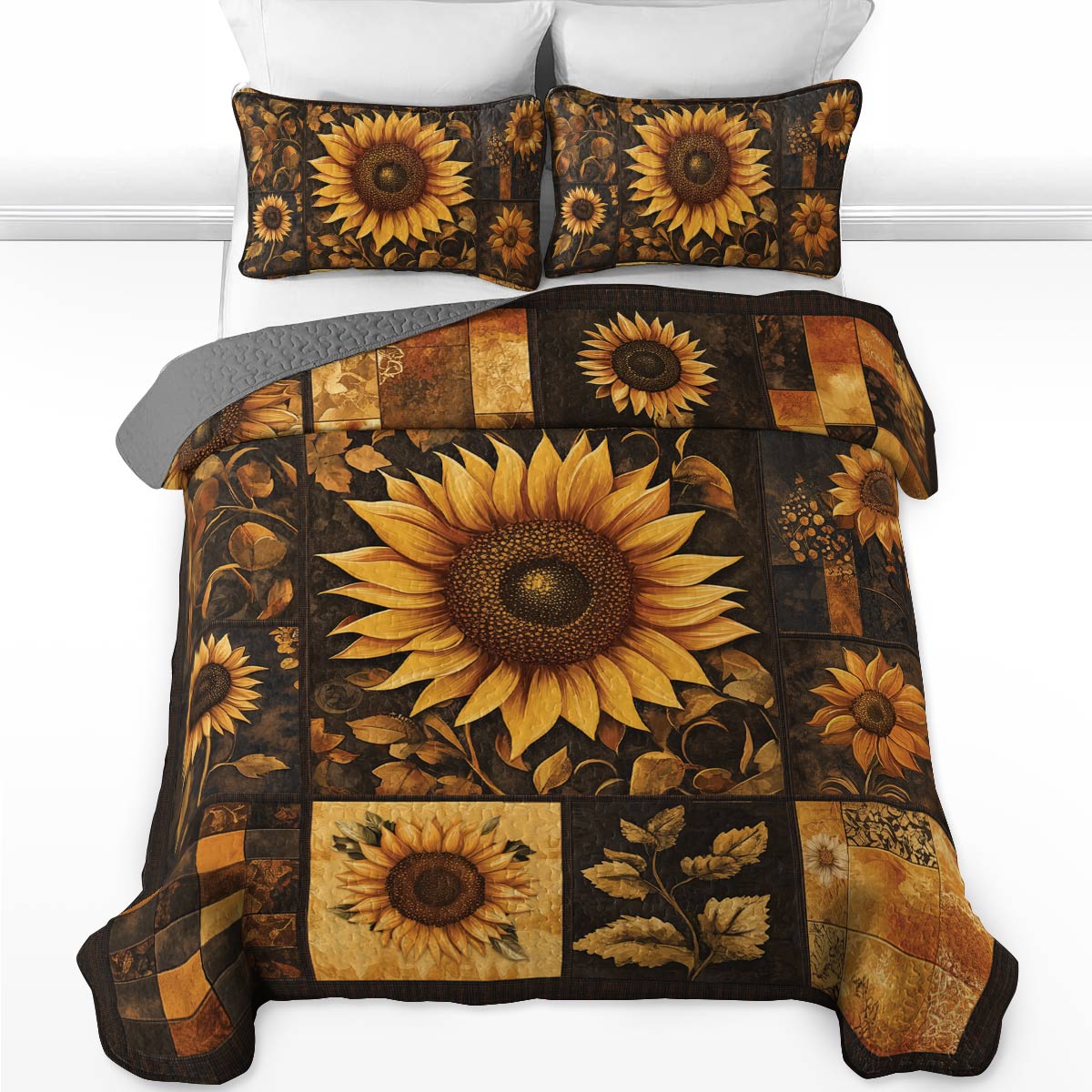 Shineful All Season Quilt 3-Piece Set - Sunflower Golden Sunburst Patchwork