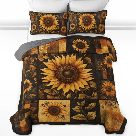 Shineful All Season Quilt 3-Piece Set - Sunflower Golden Sunburst Patchwork