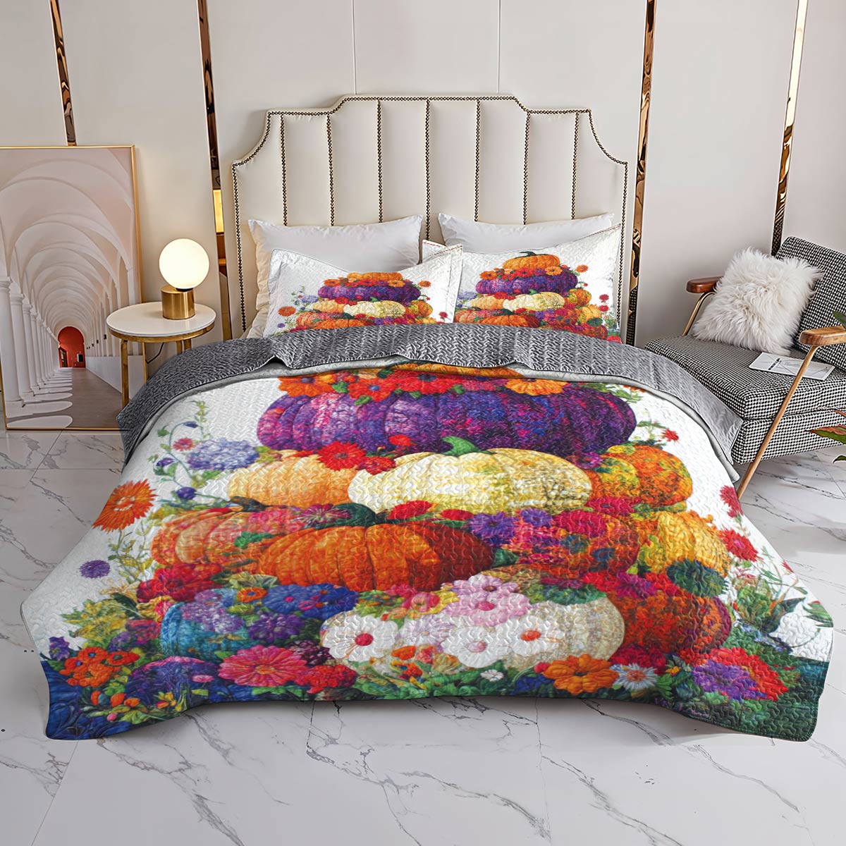 Shineful All Season Quilt 3-Piece Set Colorful Stack Of Pumpkins