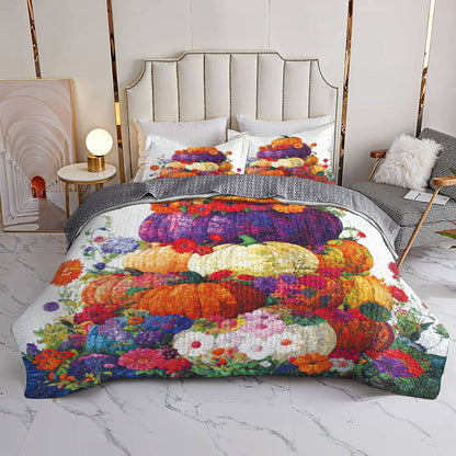 Shineful All Season Quilt 3-Piece Set Colorful Stack Of Pumpkins