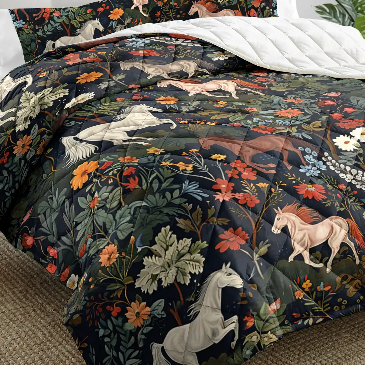 Shineful Quilt 3-Piece Set Four Wildflowers and Steeds