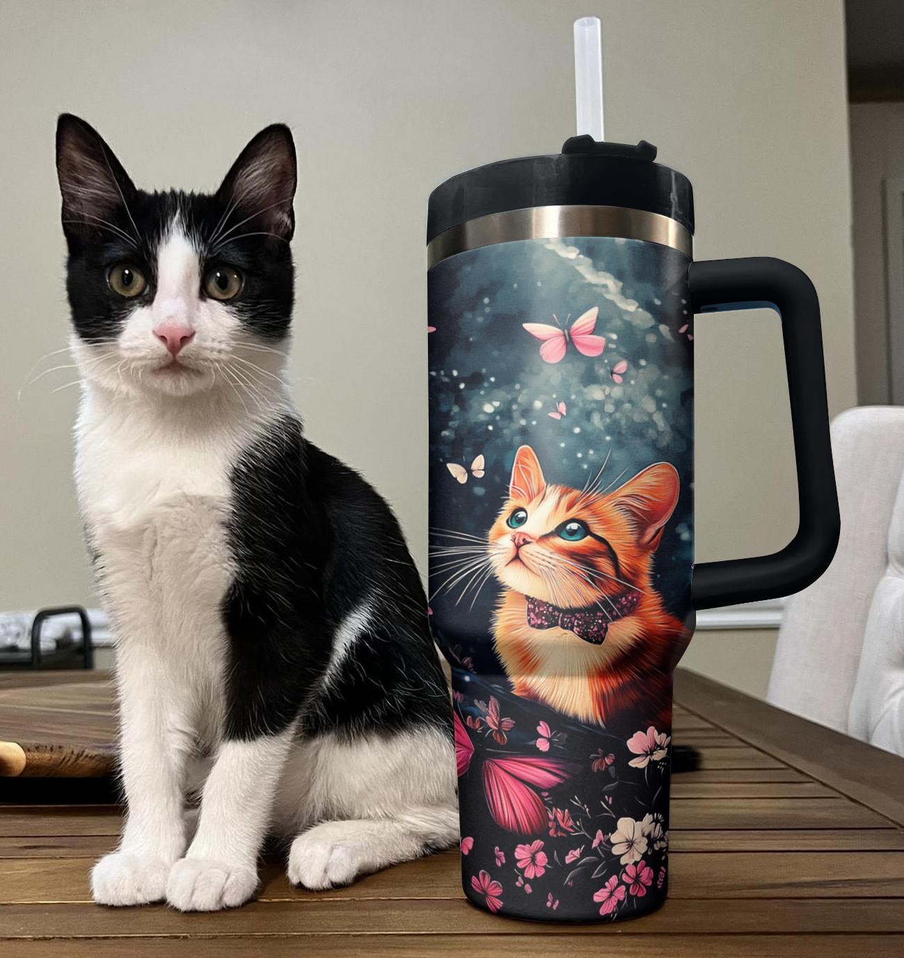 Shineful Tumbler Dreamy Cat & Pink Butterfly Blossom