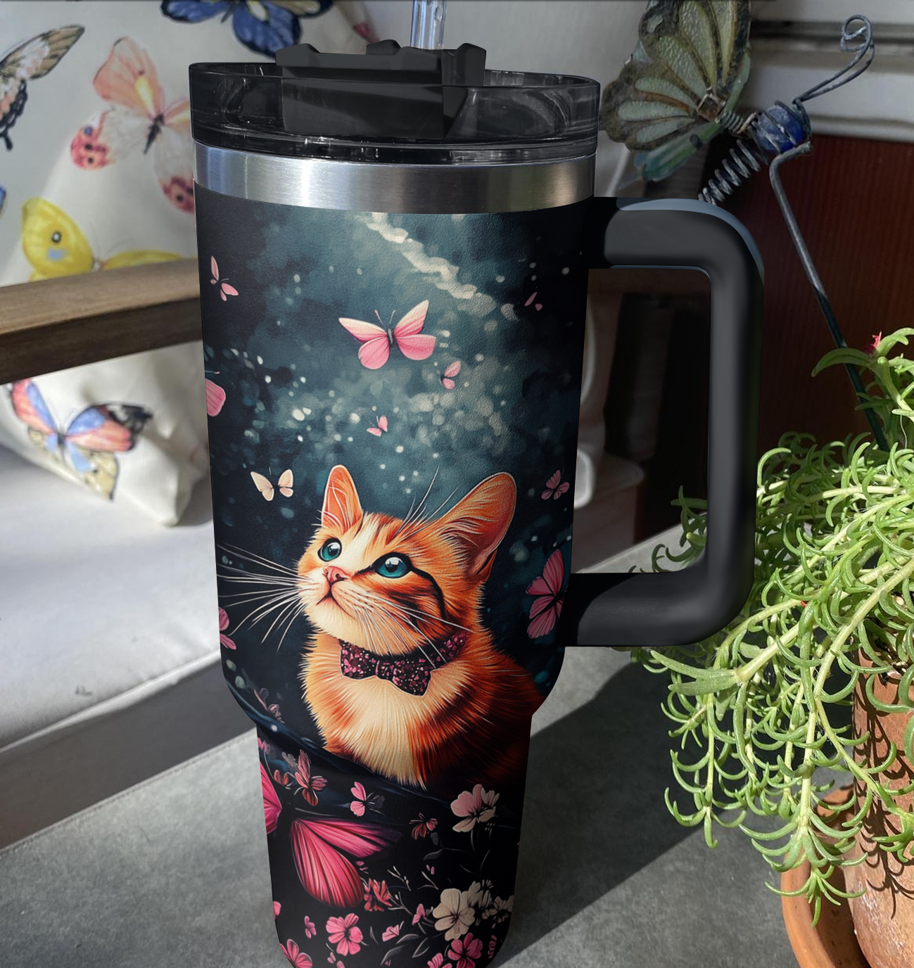 Shineful Tumbler Dreamy Cat & Pink Butterfly Blossom