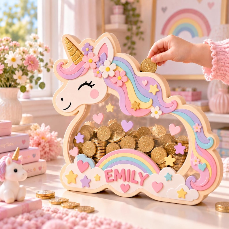 Personalized wooden unicorn coin bank with rainbow details and clear acrylic front