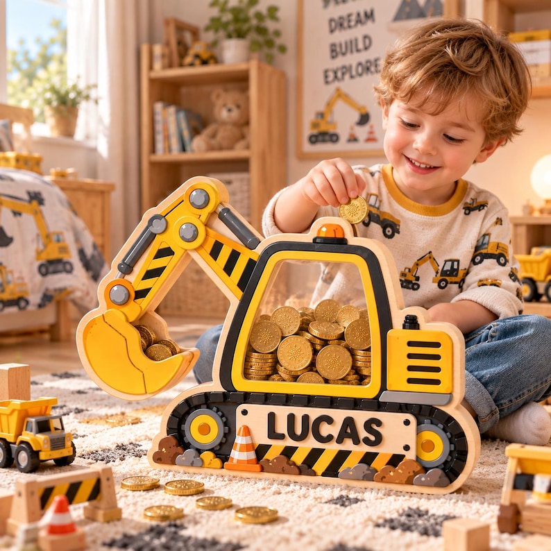 Personalized wooden excavator coin bank with clear acrylic front