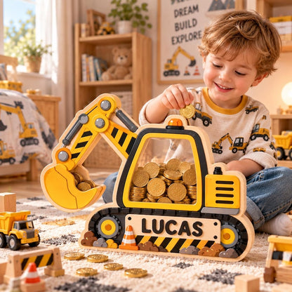 Personalized wooden excavator coin bank with clear acrylic front