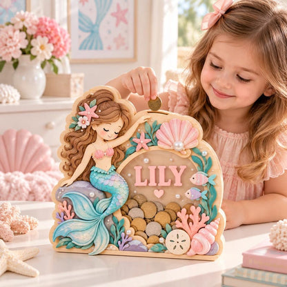 Personalized wooden mermaid coin bank with clear acrylic front