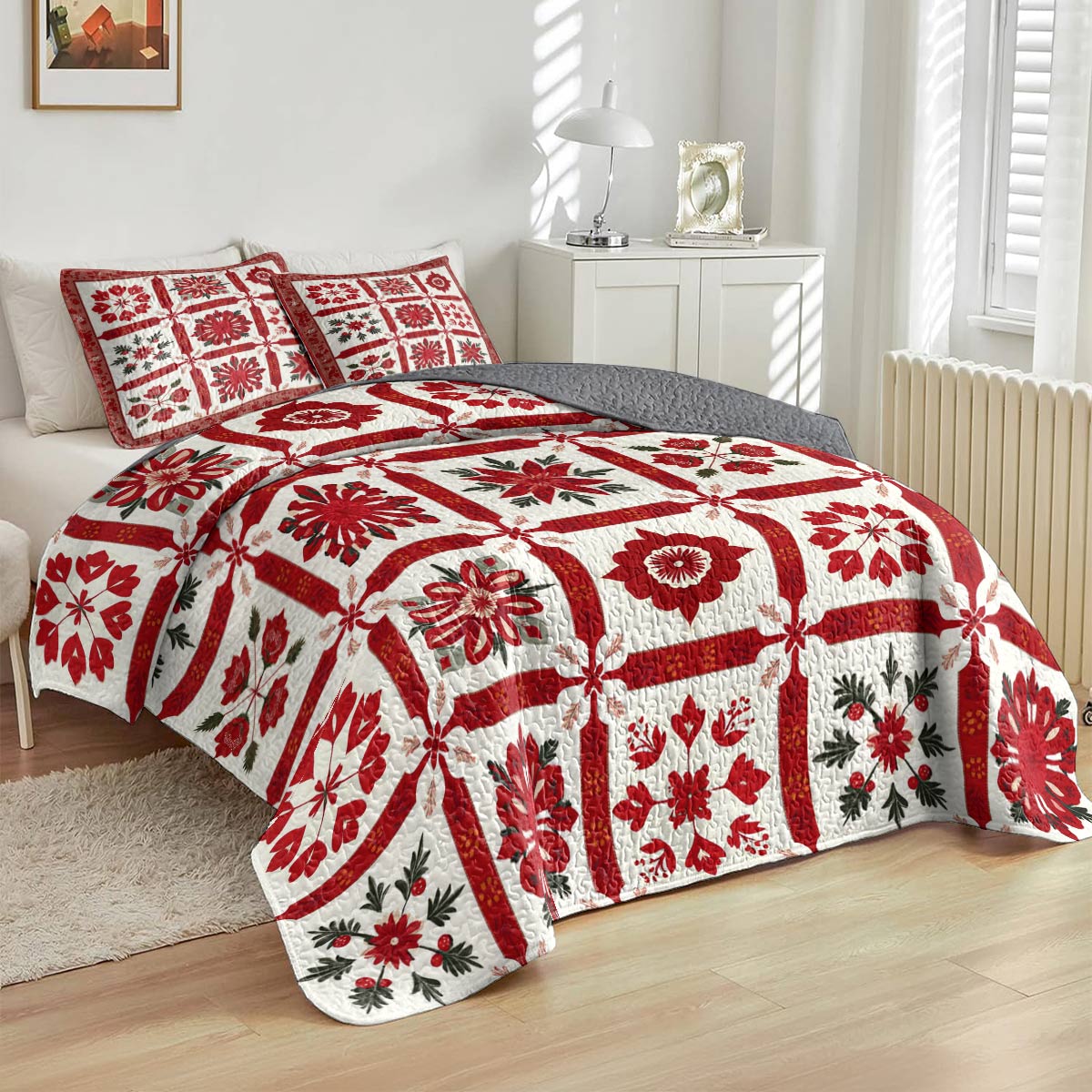 Shineful All Season Quilt 3-Piece Set Charming Red Floral