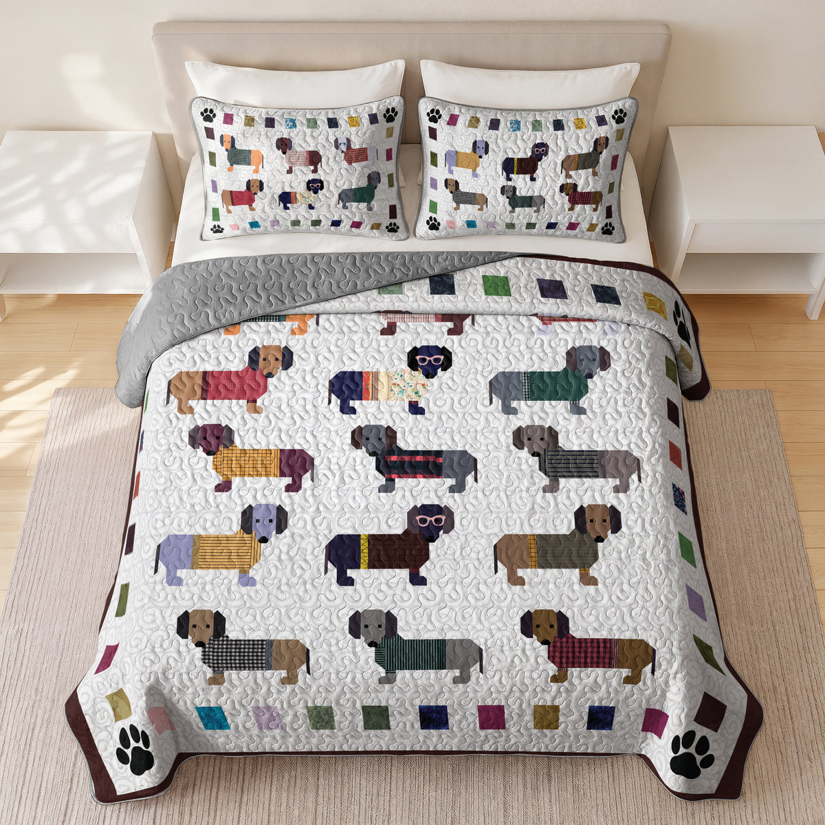 Shineful Quilt 3-Piece Set Dachshund Paws and Patches
