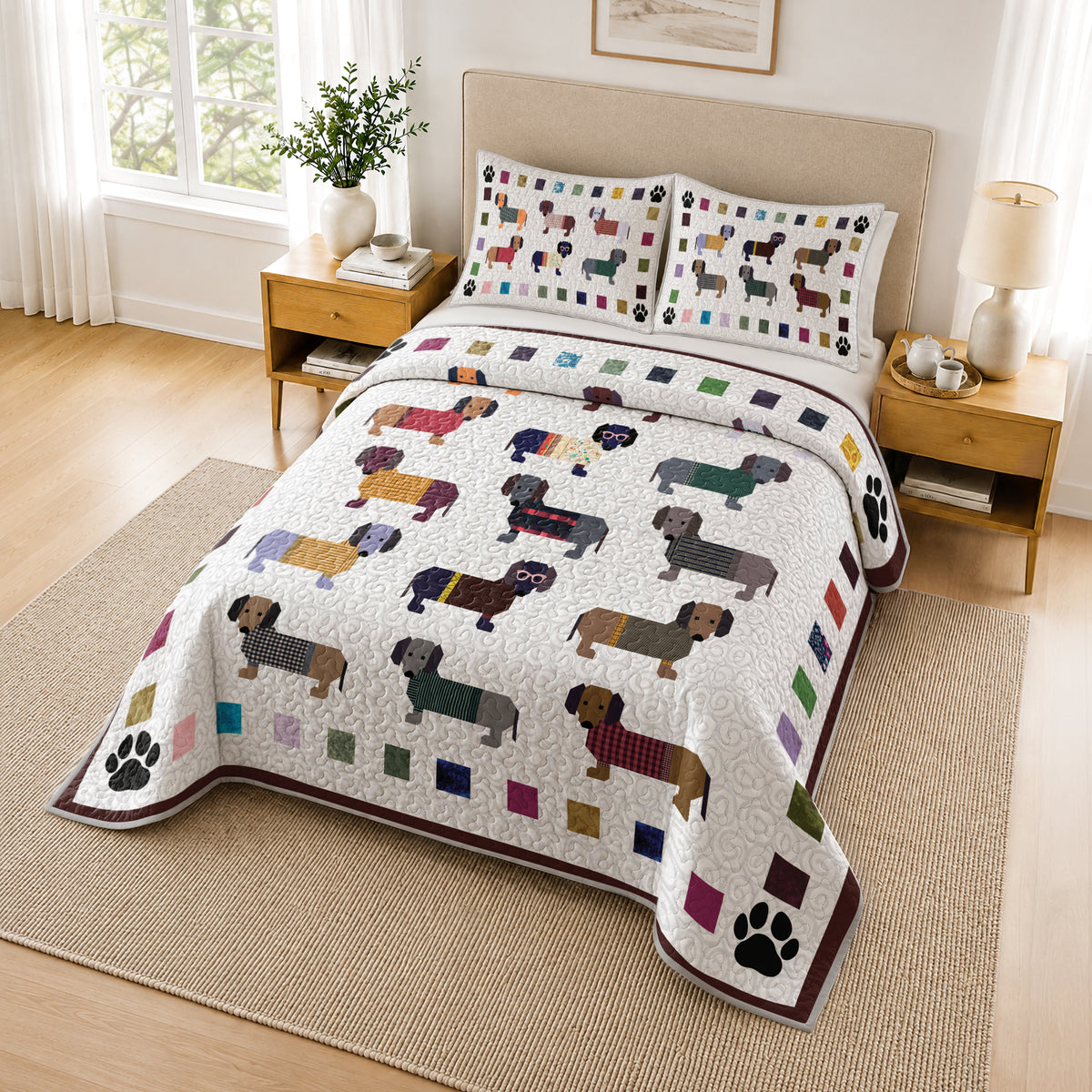 Shineful Quilt 3-Piece Set Dachshund Paws and Patches