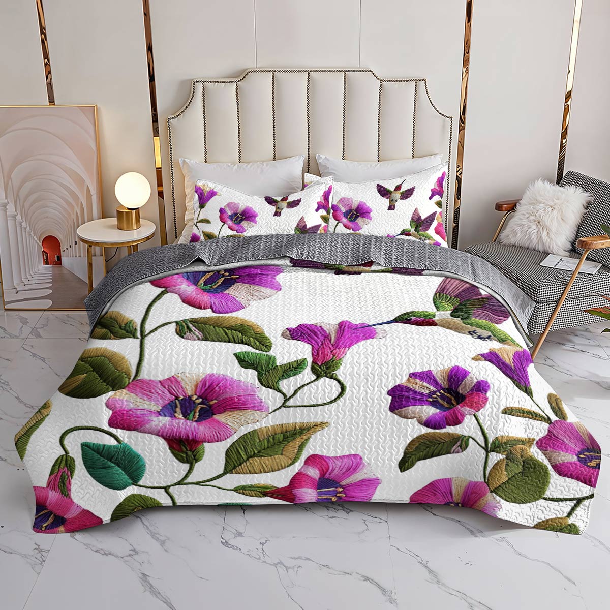 Shineful Flat Print All Season Quilt 3-Piece Set Glamorous Hummingbirds Flowers