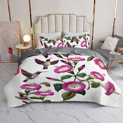 Shineful Flat Print All Season Quilt 3-Piece Set Attractive Hummingbird Fuchsia Flowers