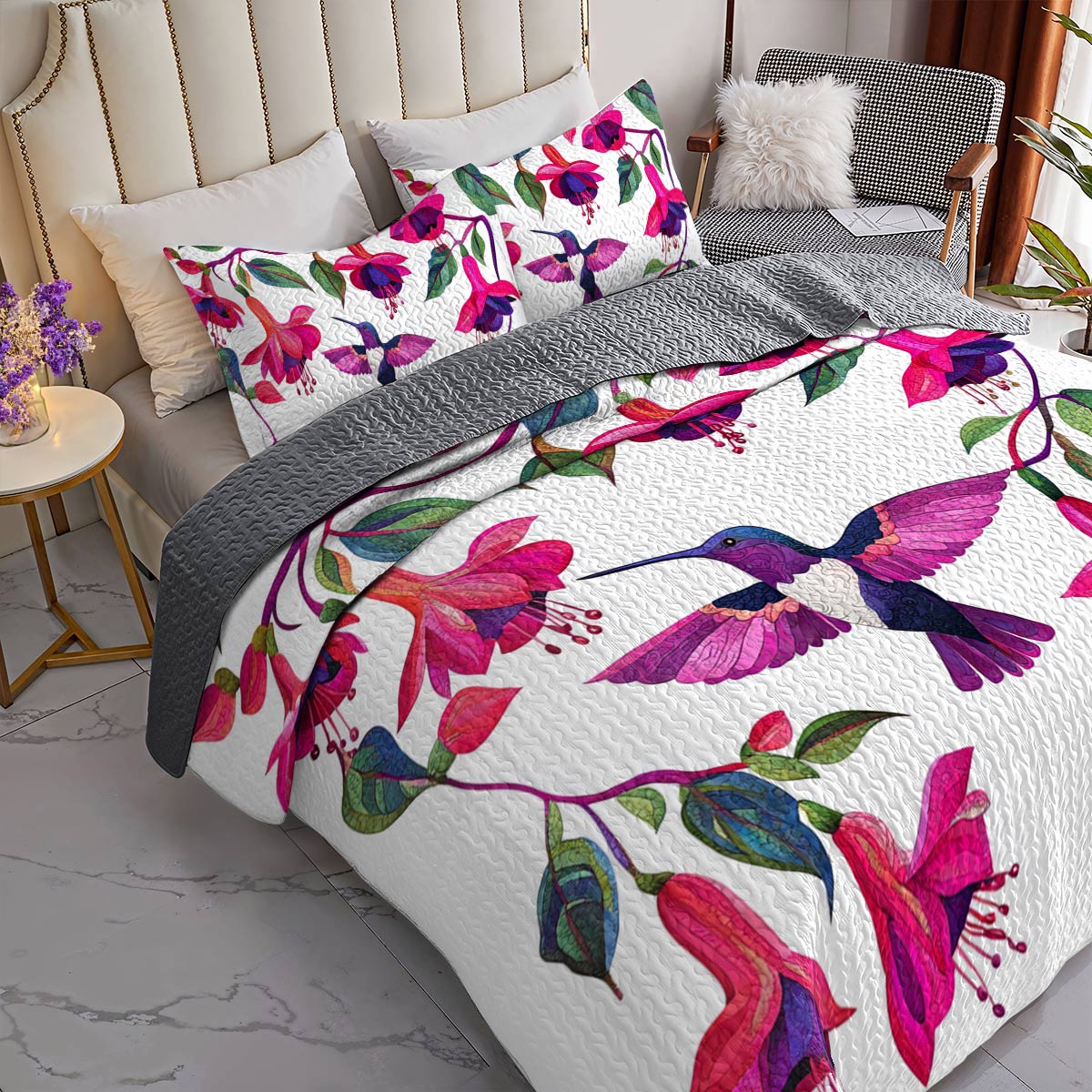 Shineful All Season Quilt 3-Piece Set Breathtaking Hummingbirds Fuchsia