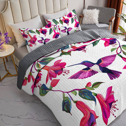 Shineful All Season Quilt 3-Piece Set Breathtaking Hummingbirds Fuchsia