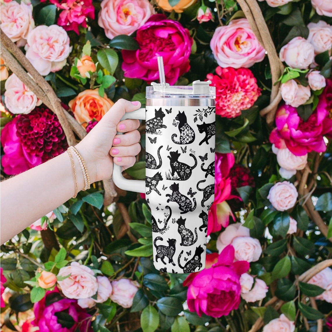 Shineful Tumbler Black Cat Floral