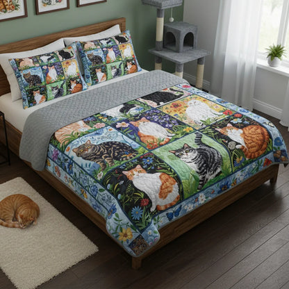 Shineful Quilt 3-Piece Set Cat Floral Felines