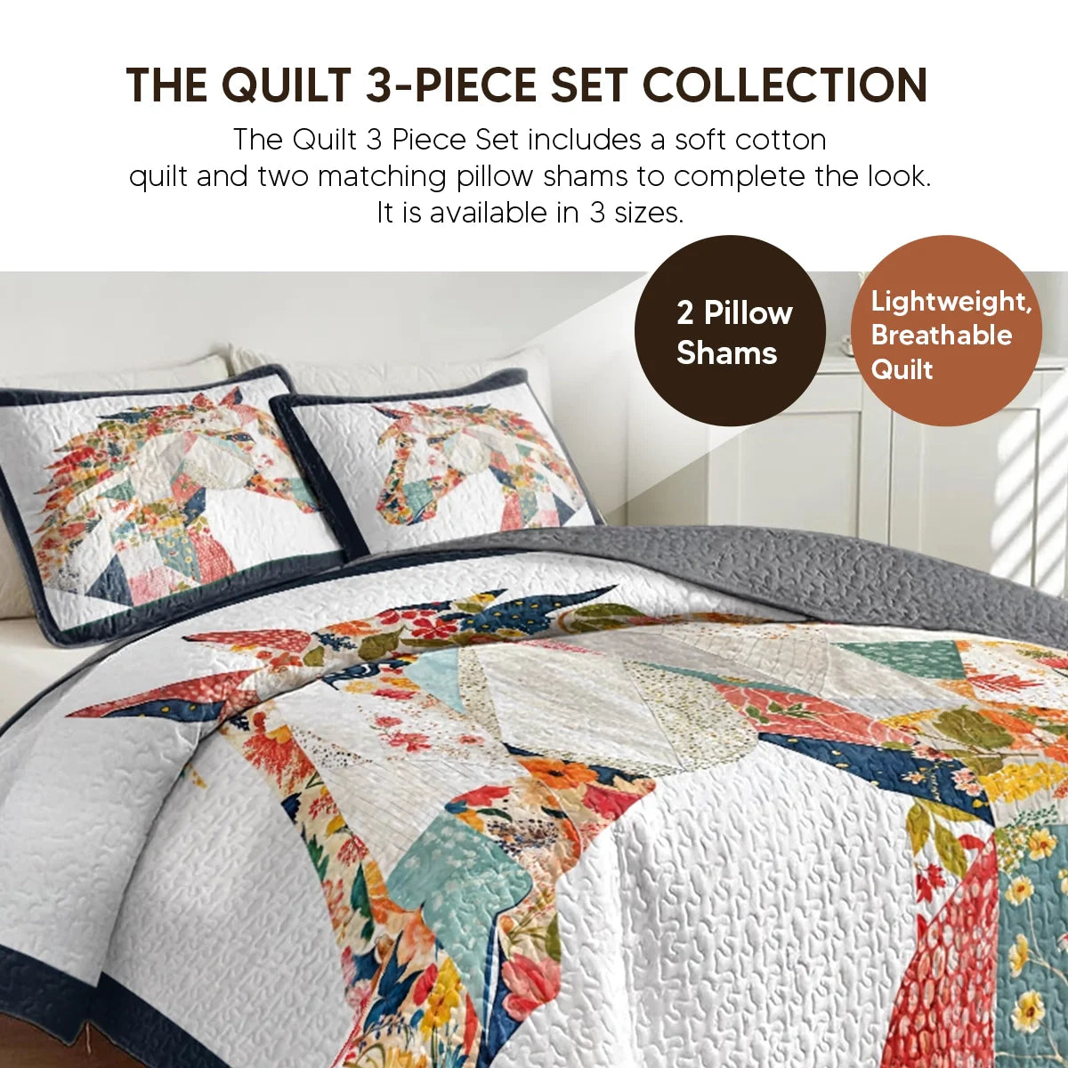 Shineful Quilt 3-Piece Set Horse Flower