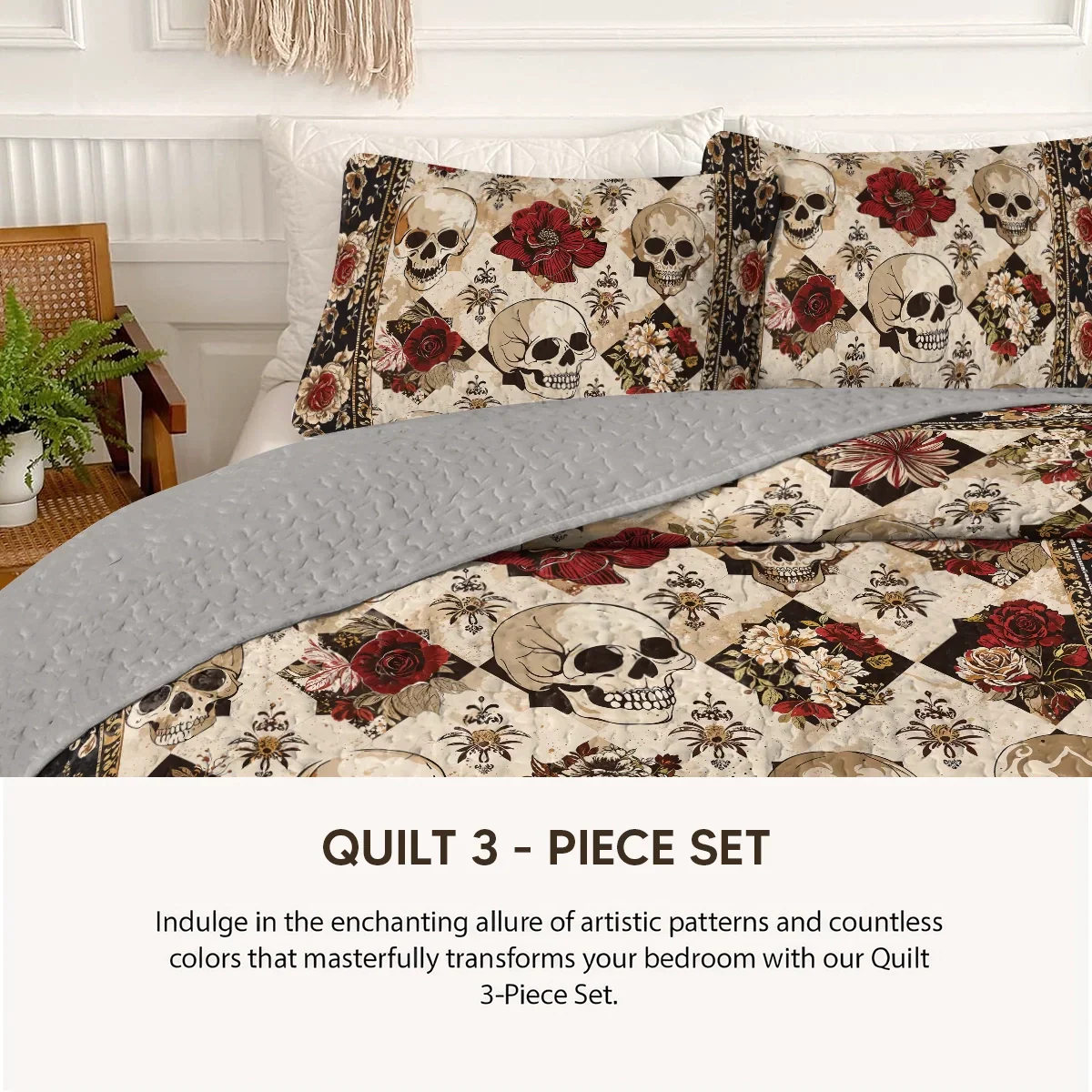 Shineful Quilt 3-Piece Set Baroque Shadow Skull