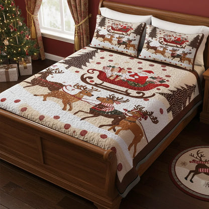 Shineful Quilt 3-Piece Set Cozy Santa Claus With Reindeer Pulling His Sleigh Full Of Gifts