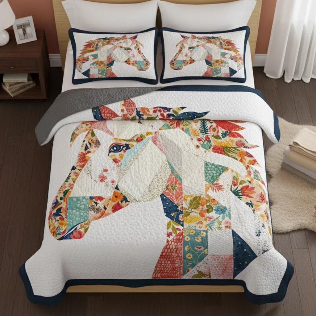 Shineful Quilt 3-Piece Set Charming Floral Horse