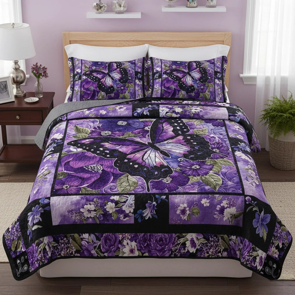 Shineful Quilt 3-Piece Set Gorgeous Purple Butterfly Flowers