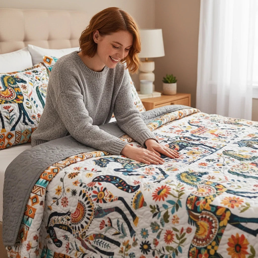 Shineful Quilt 3-Piece Set Horse Floral Pattern