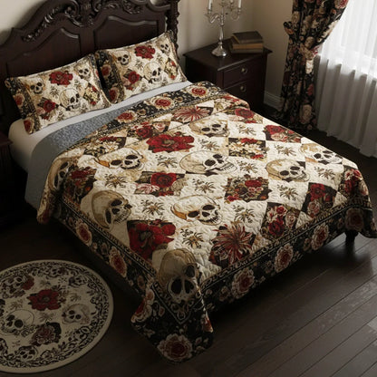 Shineful Quilt 3-Piece Set Elegent Skull Roses