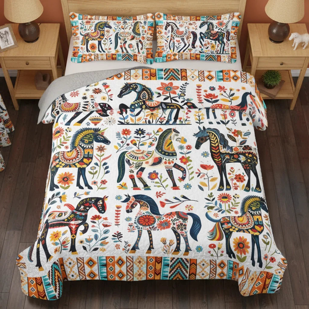 Shineful Quilt 3-Piece Set Horse Floral Pattern