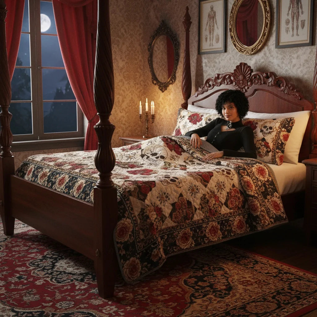 Shineful Quilt 3-Piece Set Elegent Skull Roses