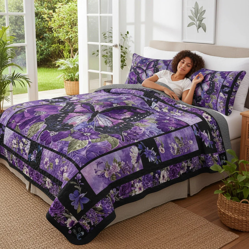 Shineful Quilt 3-Piece Set Gorgeous Purple Butterfly Flowers