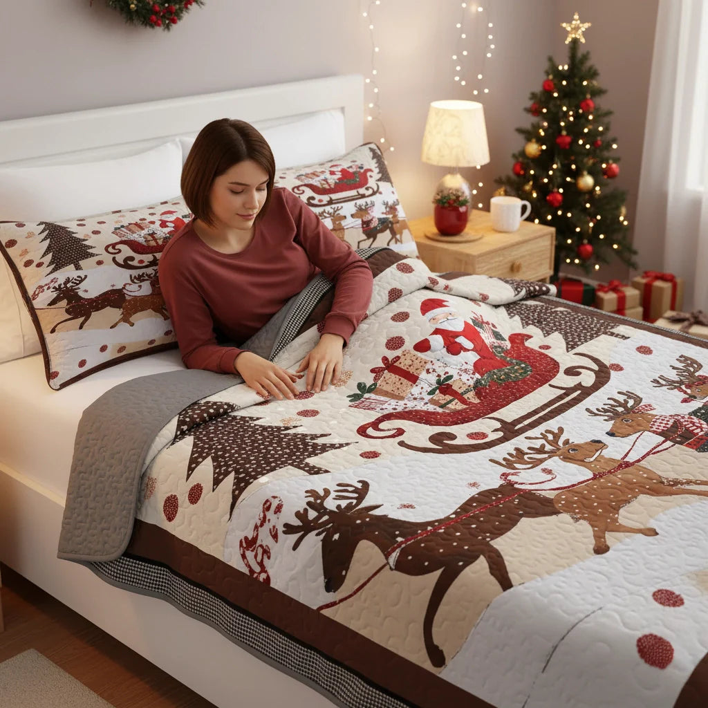 Shineful Quilt 3-Piece Set Cozy Santa Claus With Reindeer Pulling His Sleigh Full Of Gifts