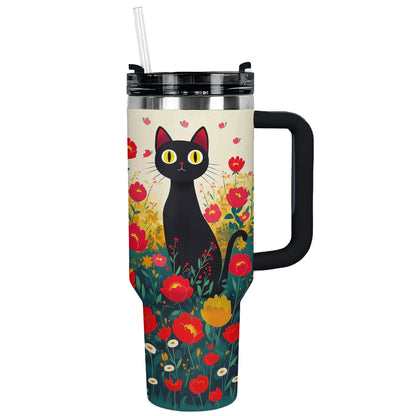 Shineful Tumbler Black Cat With Beautiful Flower