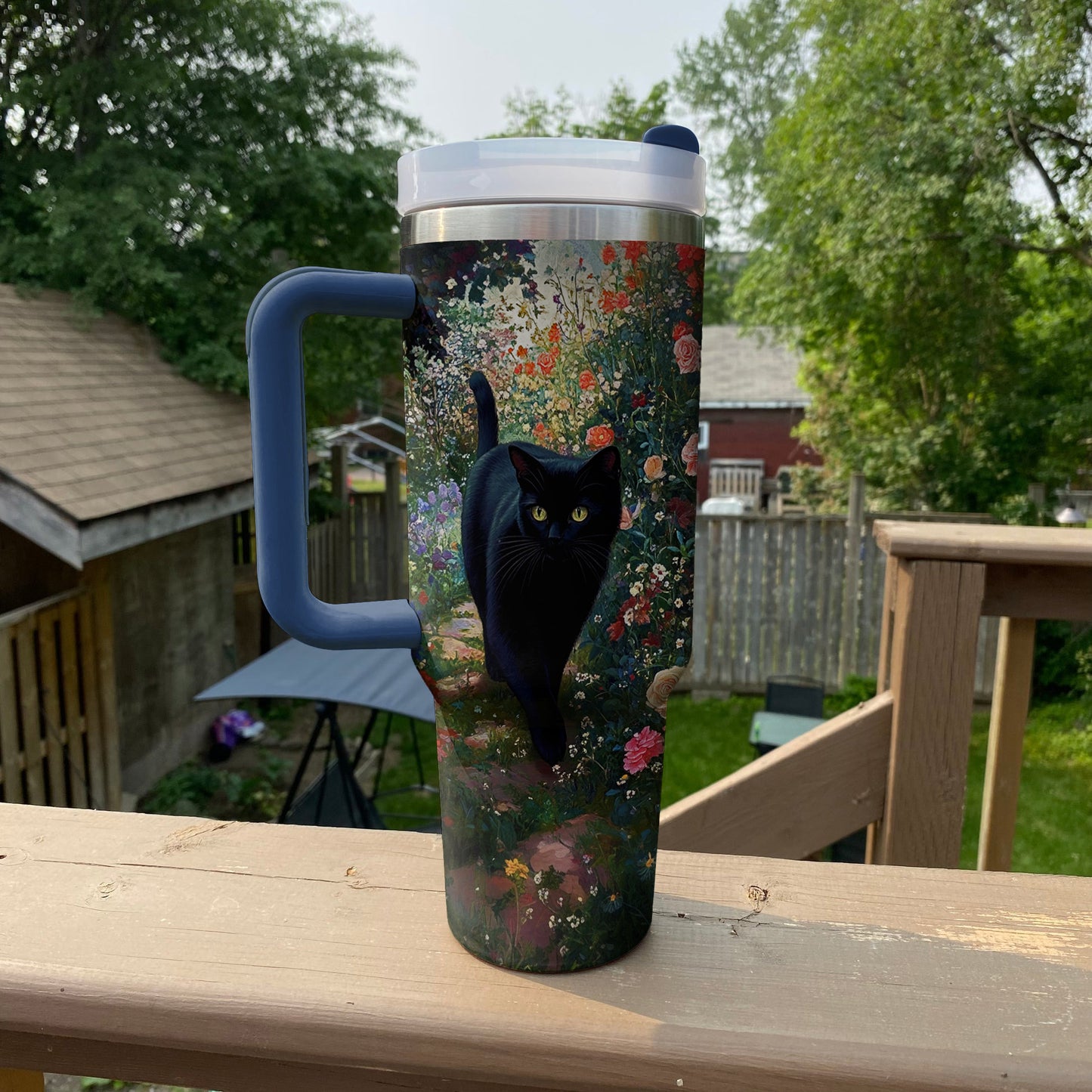 Shineful Tumbler Black Cat In English Garden