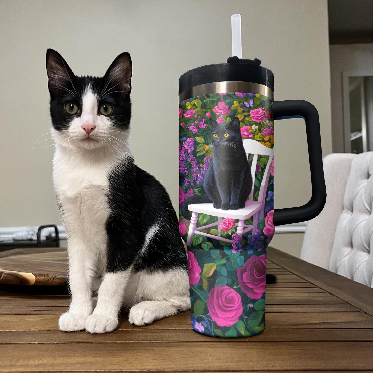 Shineful Tumbler Black Cat In Rose Garden