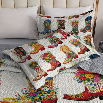 Shineful All Season Quilt 3-Piece Set - Cowboy Boot With Wildflower