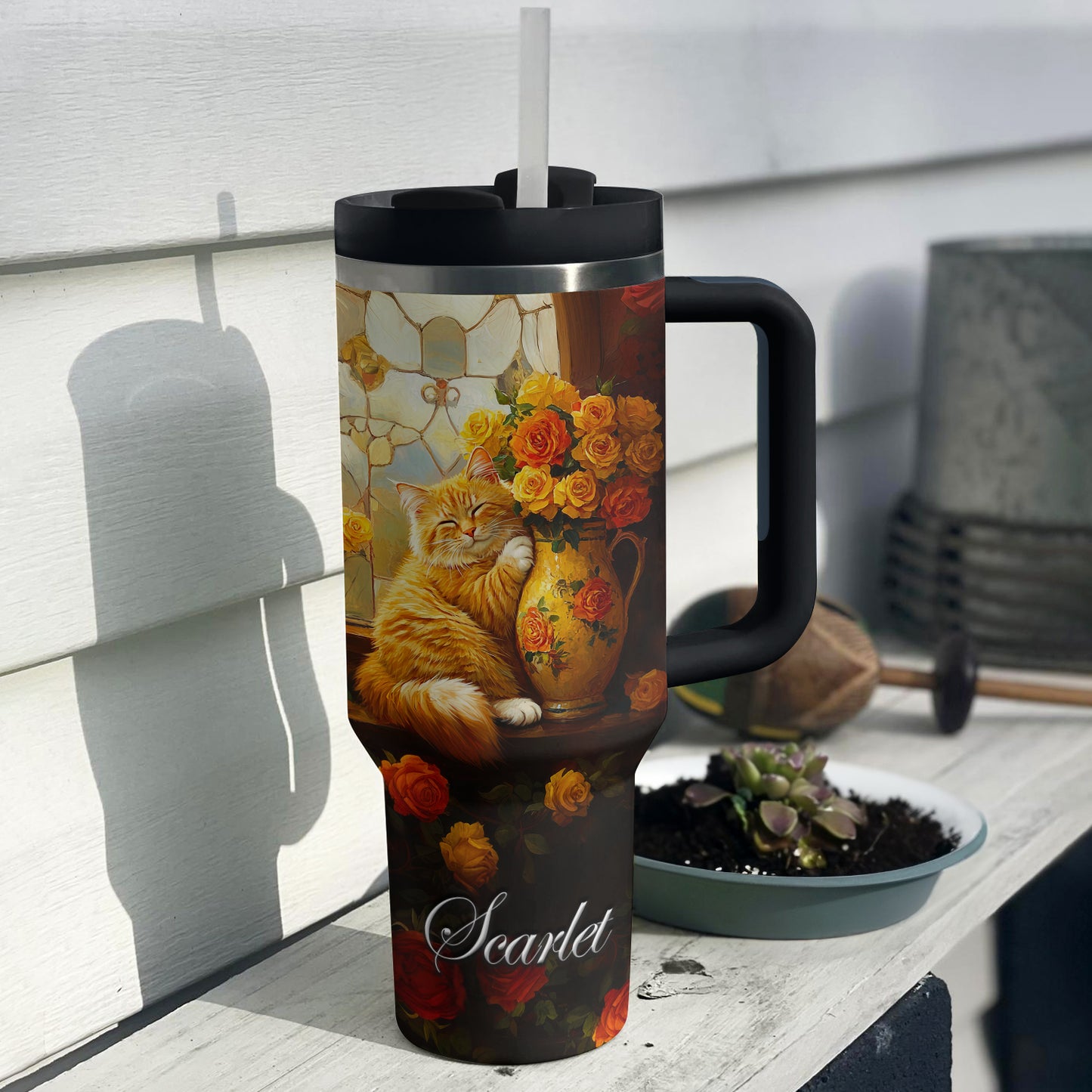 Shineful Tumbler Personalized Cat And Rose