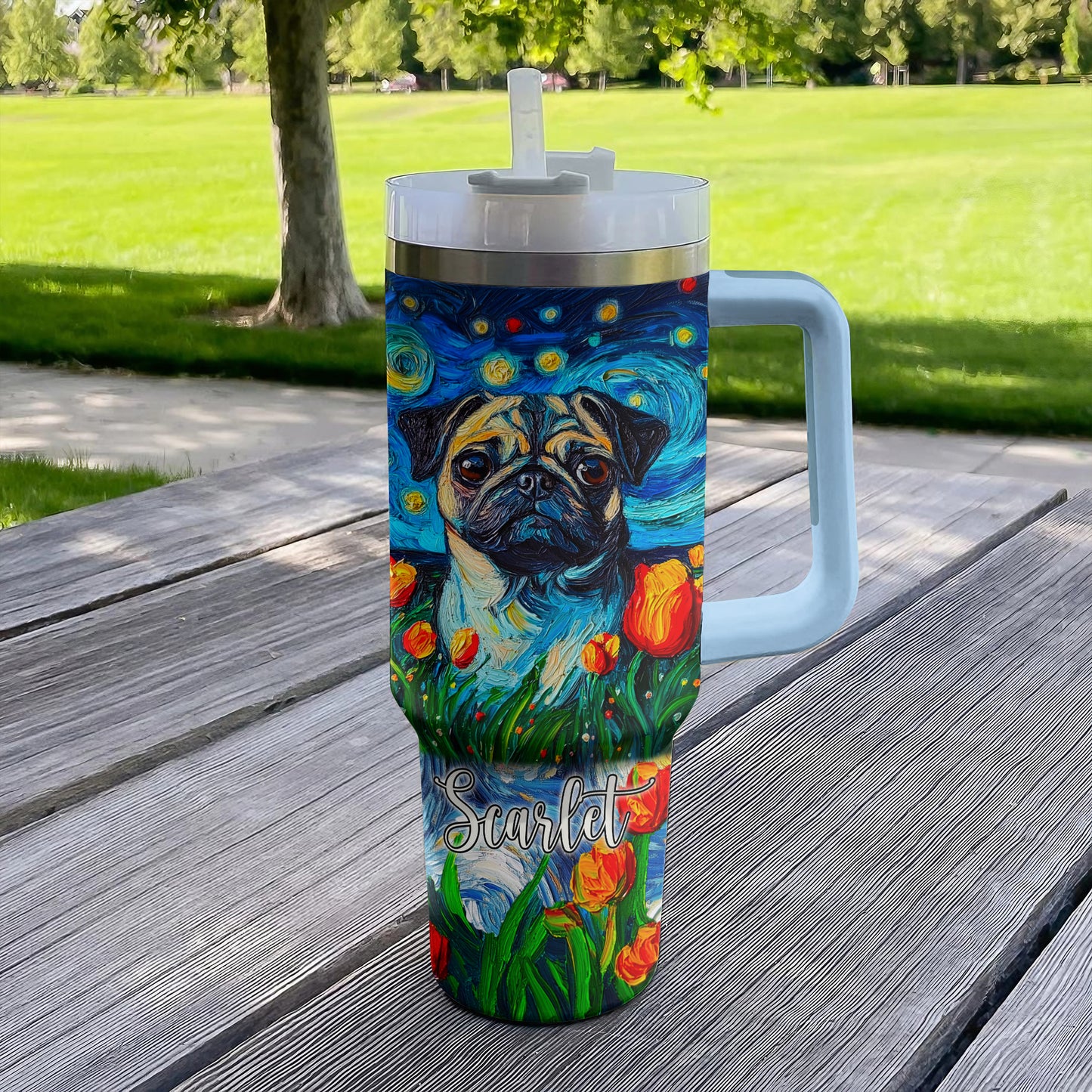 Shineful Tumbler Personalized Pug Starry Night In Tulip Field