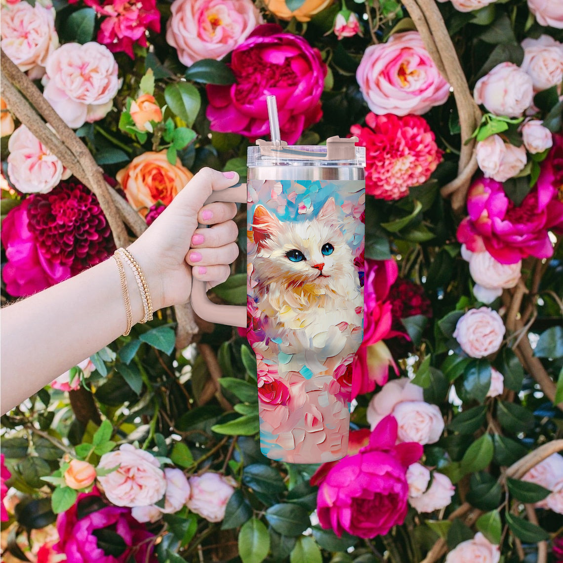 Shineful Tumbler Cat With Beautiful Rose