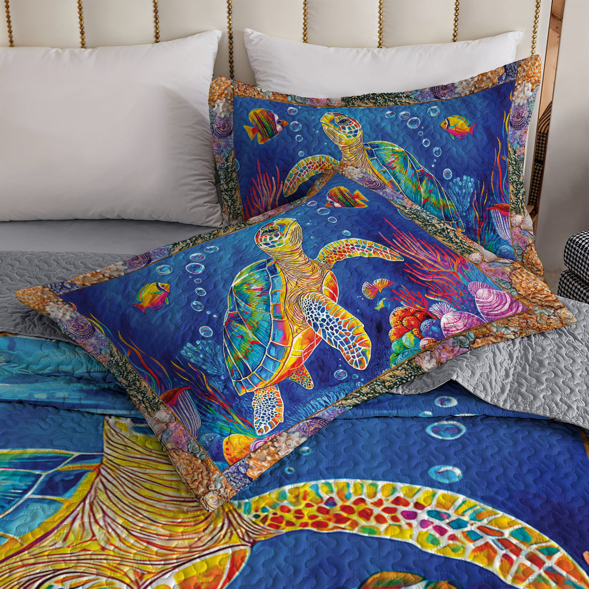 Shineful All Season Quilt 3-Piece Set - Beautiful Colorful Sea Turtle Neon