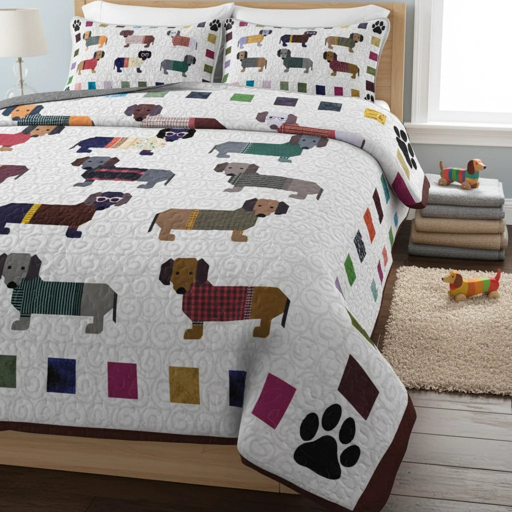 Shineful Quilt 3-Piece Set Dachshund Paws and Patches