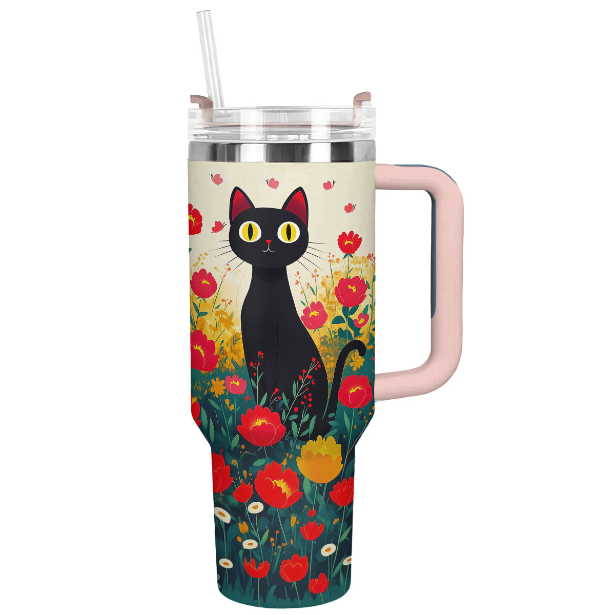 Shineful Tumbler Black Cat With Beautiful Flower