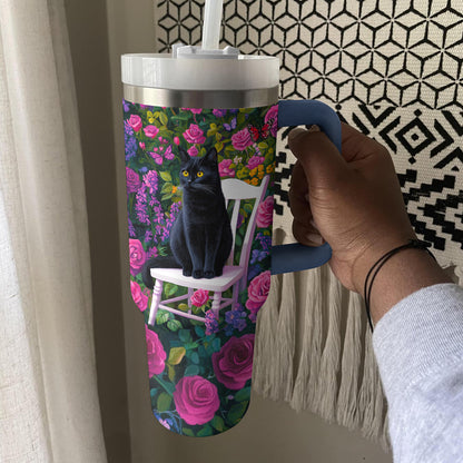 Shineful Tumbler Black Cat In Rose Garden