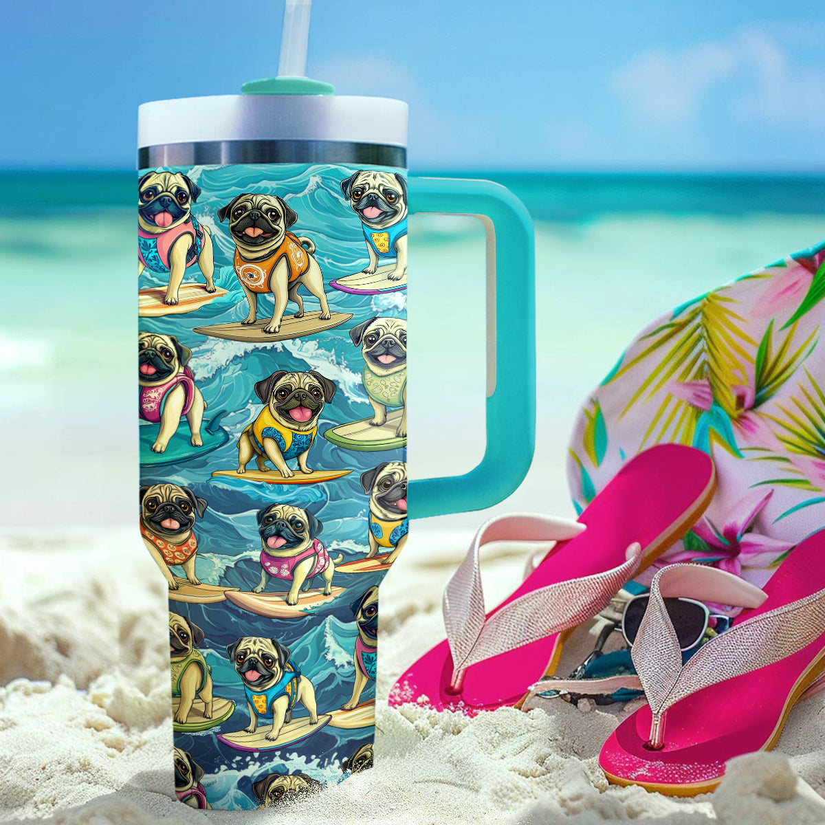 Shineful Tumbler Playful Pug Surfing