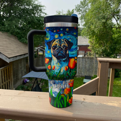 Shineful Tumbler Personalized Pug Starry Night In Tulip Field