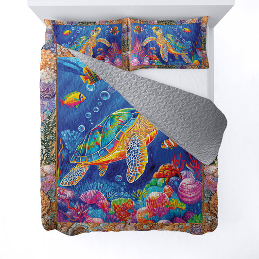 Shineful All Season Quilt 3-Piece Set - Beautiful Colorful Sea Turtle Neon