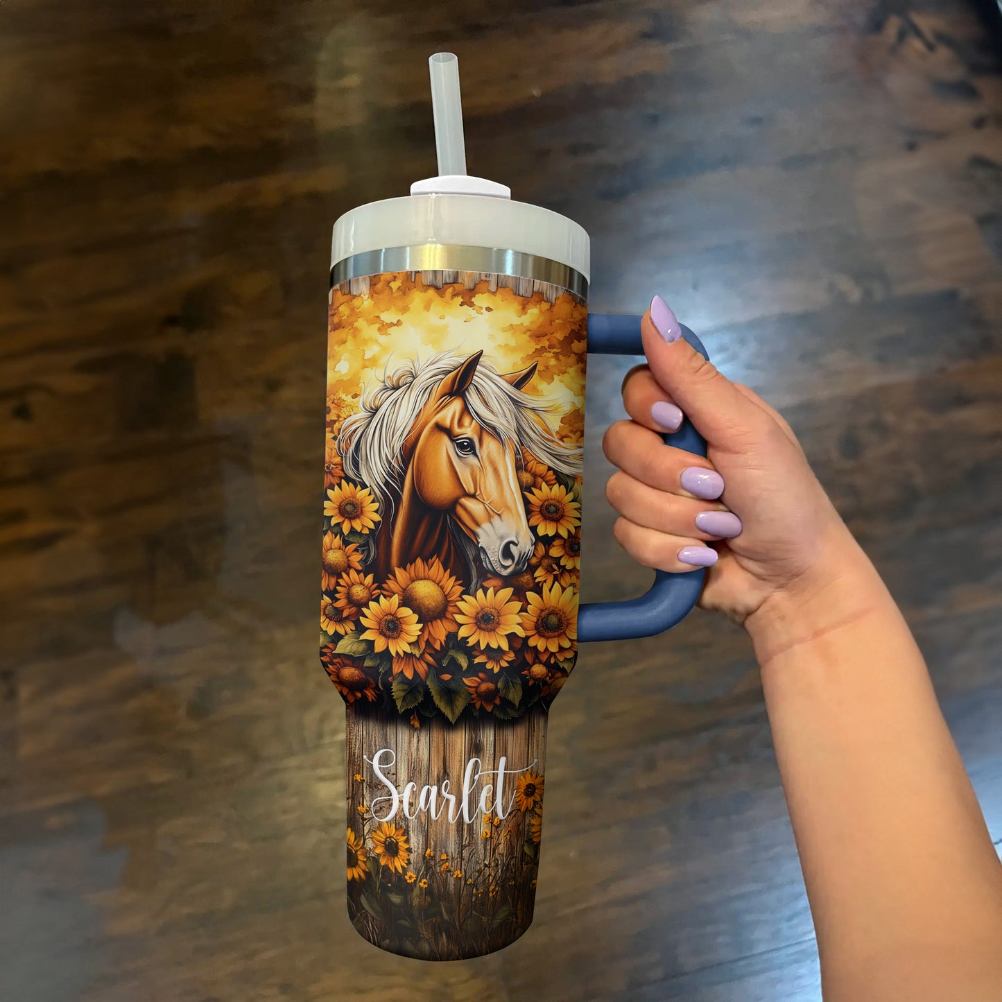 Shineful Tumbler Personalized Graceful Sunflower With Horse