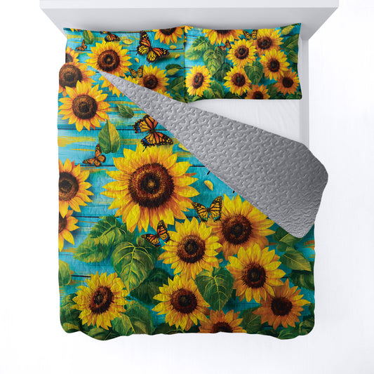 Shineful All Season Quilt 3-Piece Set - Sunflower With Butterfly
