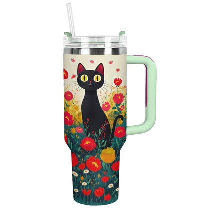 Shineful Tumbler Black Cat With Beautiful Flower