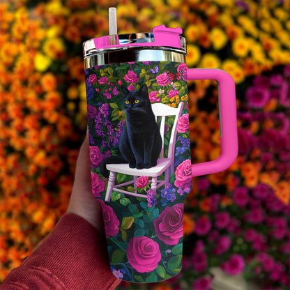Shineful Tumbler Black Cat In Rose Garden